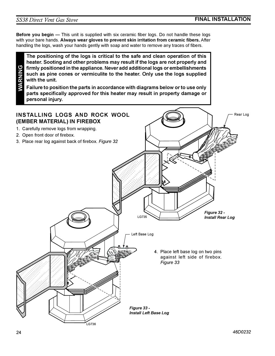 Monessen Hearth SS38 operating instructions Installing logs and rock wool ember material in firebox, Final Installation 