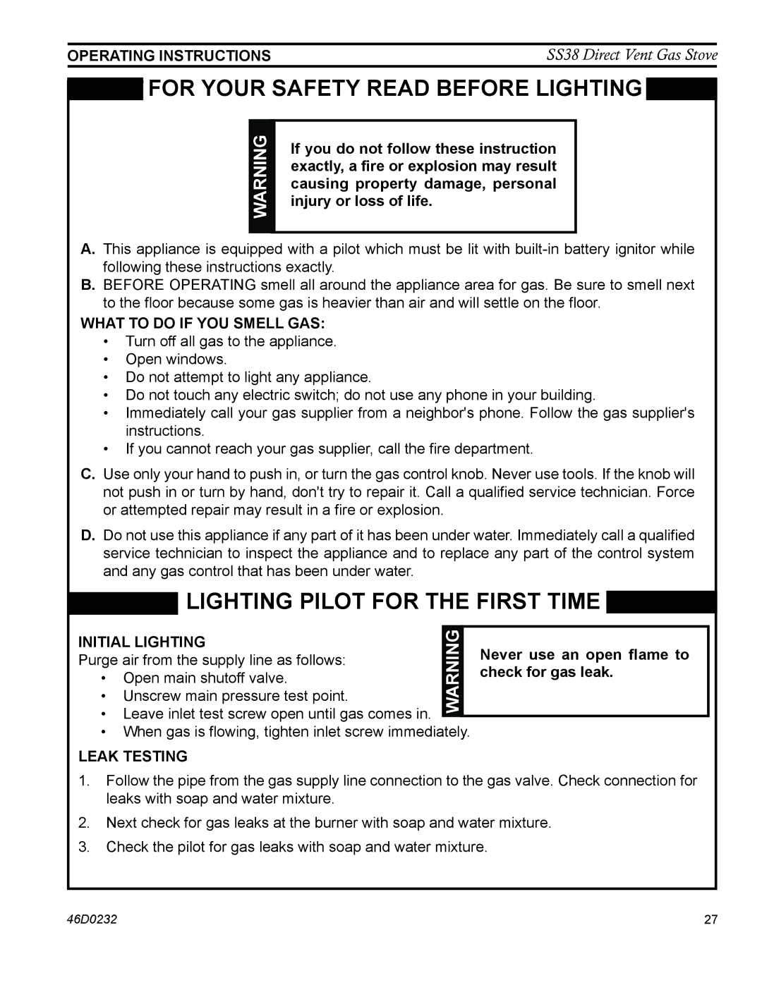 Monessen Hearth SS38 Operating Instructions, What to do if YOU Smell GAS, Never use an open flame to check for gas leak 