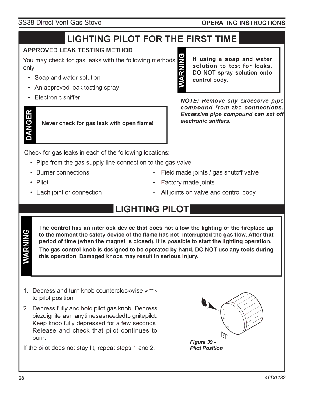 Monessen Hearth SS38 Approved leak testing method, Operating Instructions, Never check for gas leak with open flame 