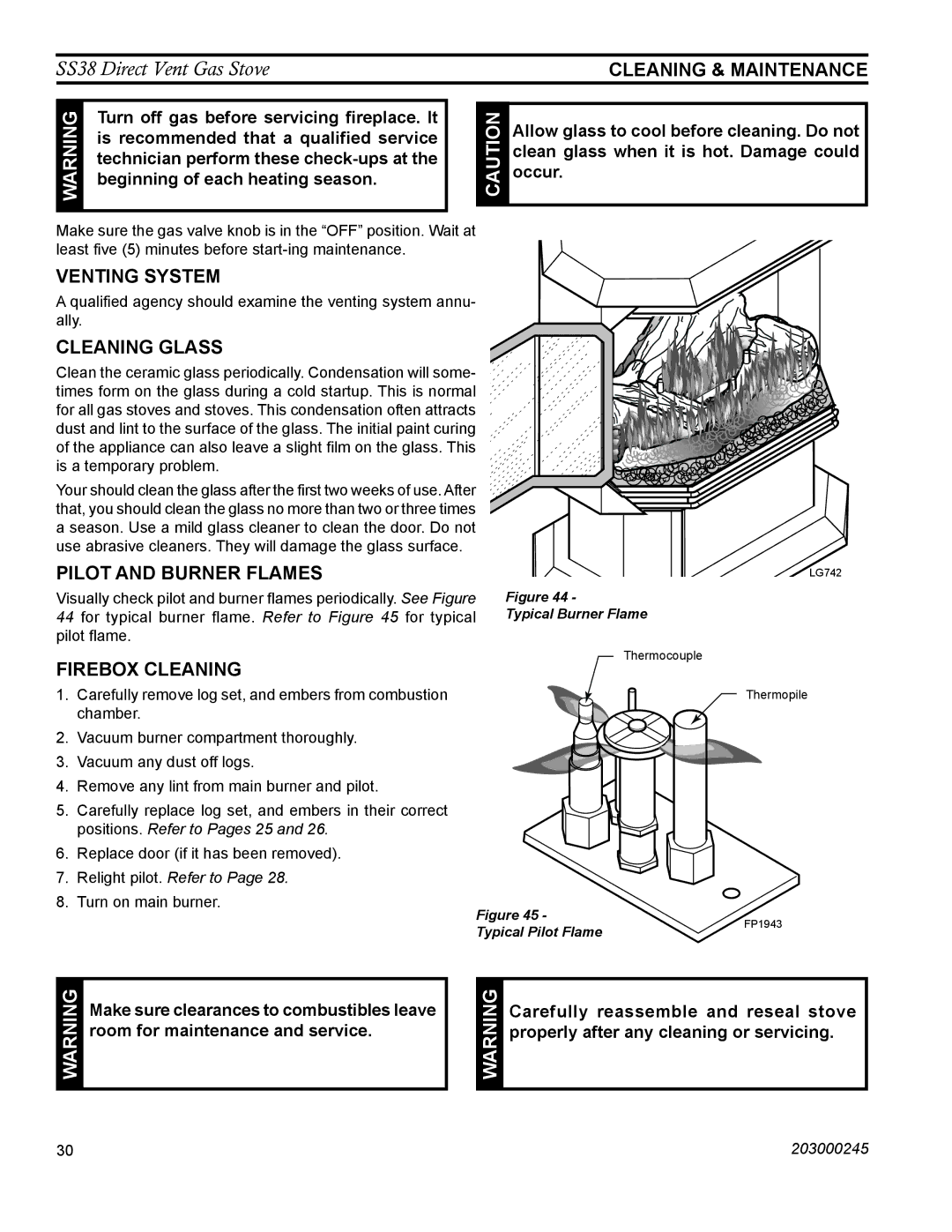 Monessen Hearth SS38 Venting system, Cleaning glass, Pilot and Burner Flames, Firebox Cleaning, Cleaning & Maintenance 