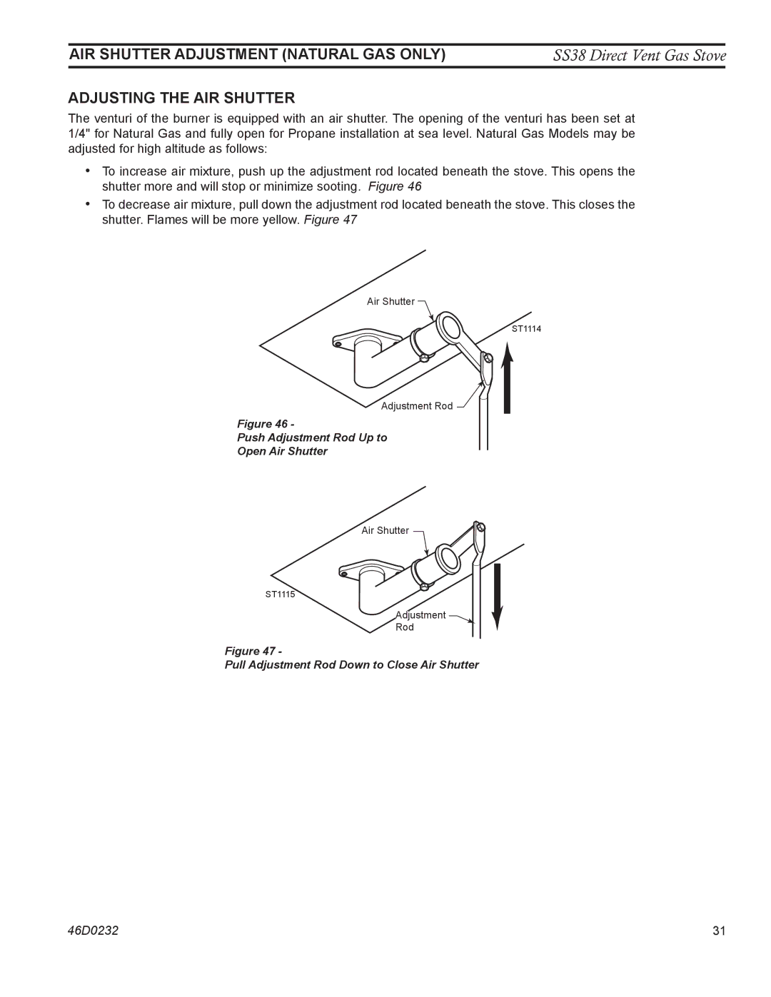 Monessen Hearth SS38 operating instructions Air shutter Adjustment Natural Gas only, Adjusting the AIR Shutter 