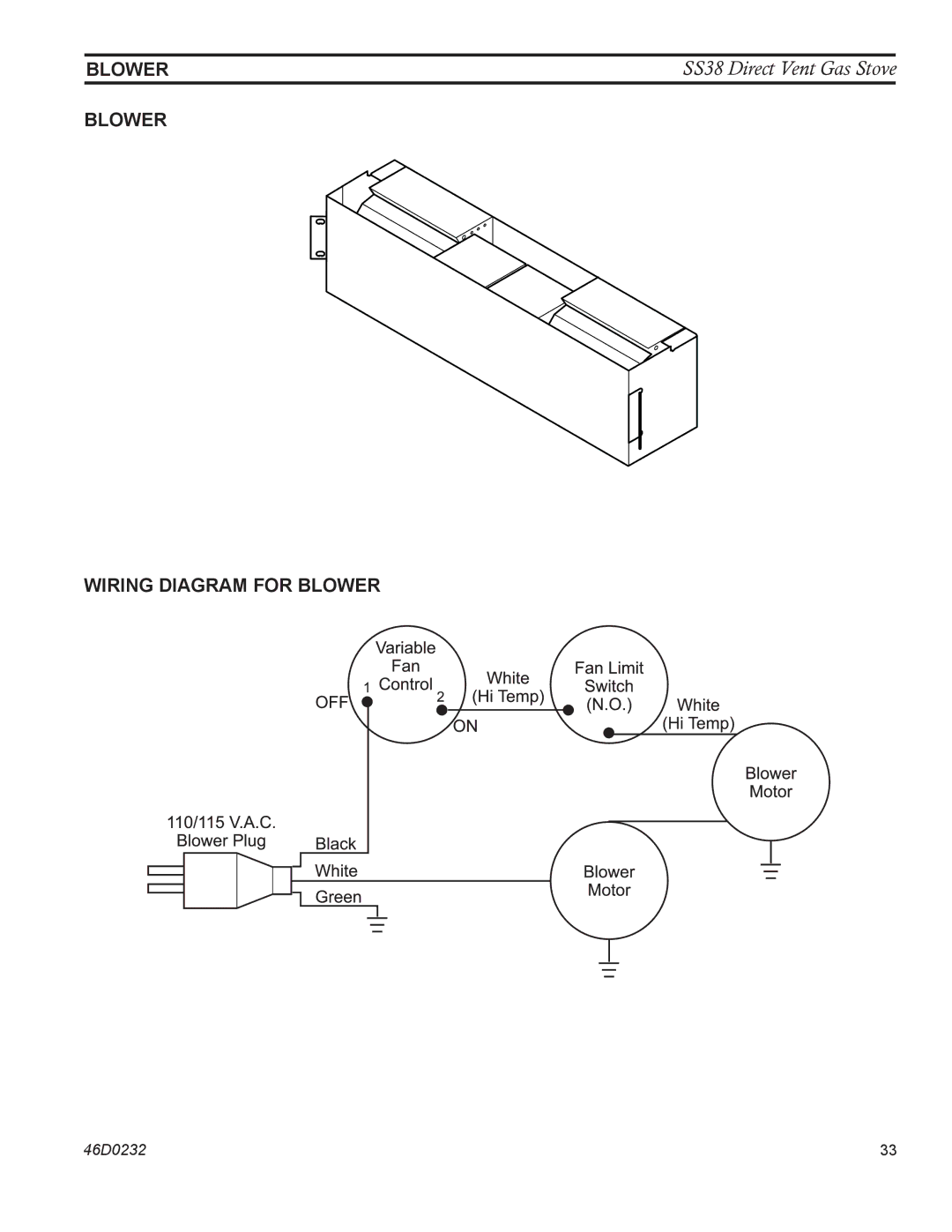 Monessen Hearth SS38 operating instructions Blower Wiring diagram for Blower 