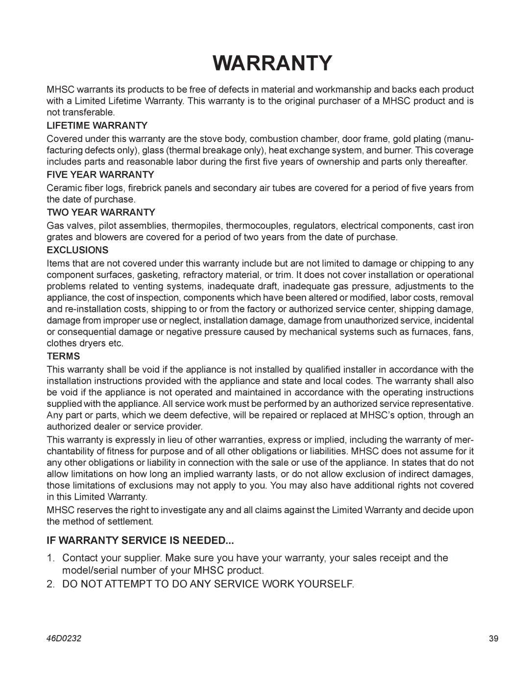 Monessen Hearth SS38 operating instructions If Warranty Service is Needed 