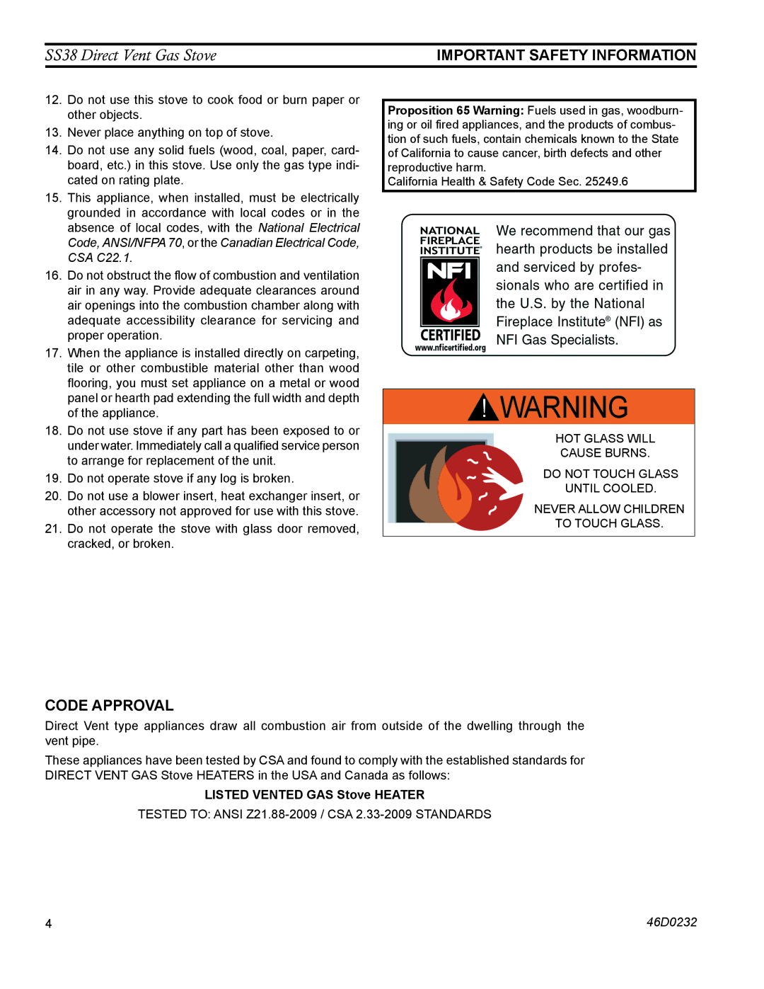 Monessen Hearth SS38 operating instructions Code Approval, Important Safety Information, Listed Vented GAS Stove Heater 