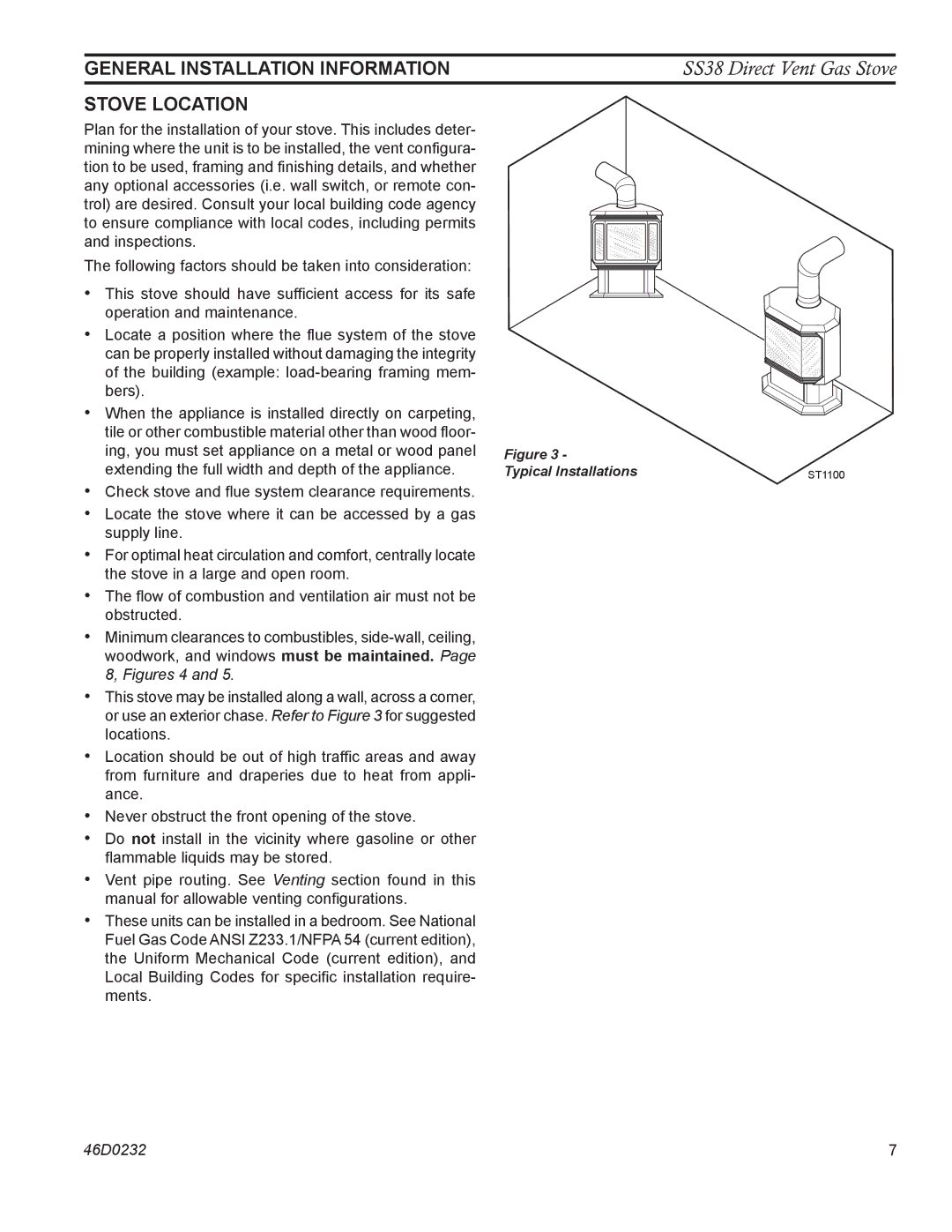 Monessen Hearth SS38 operating instructions General Installation Information, Stove Location 