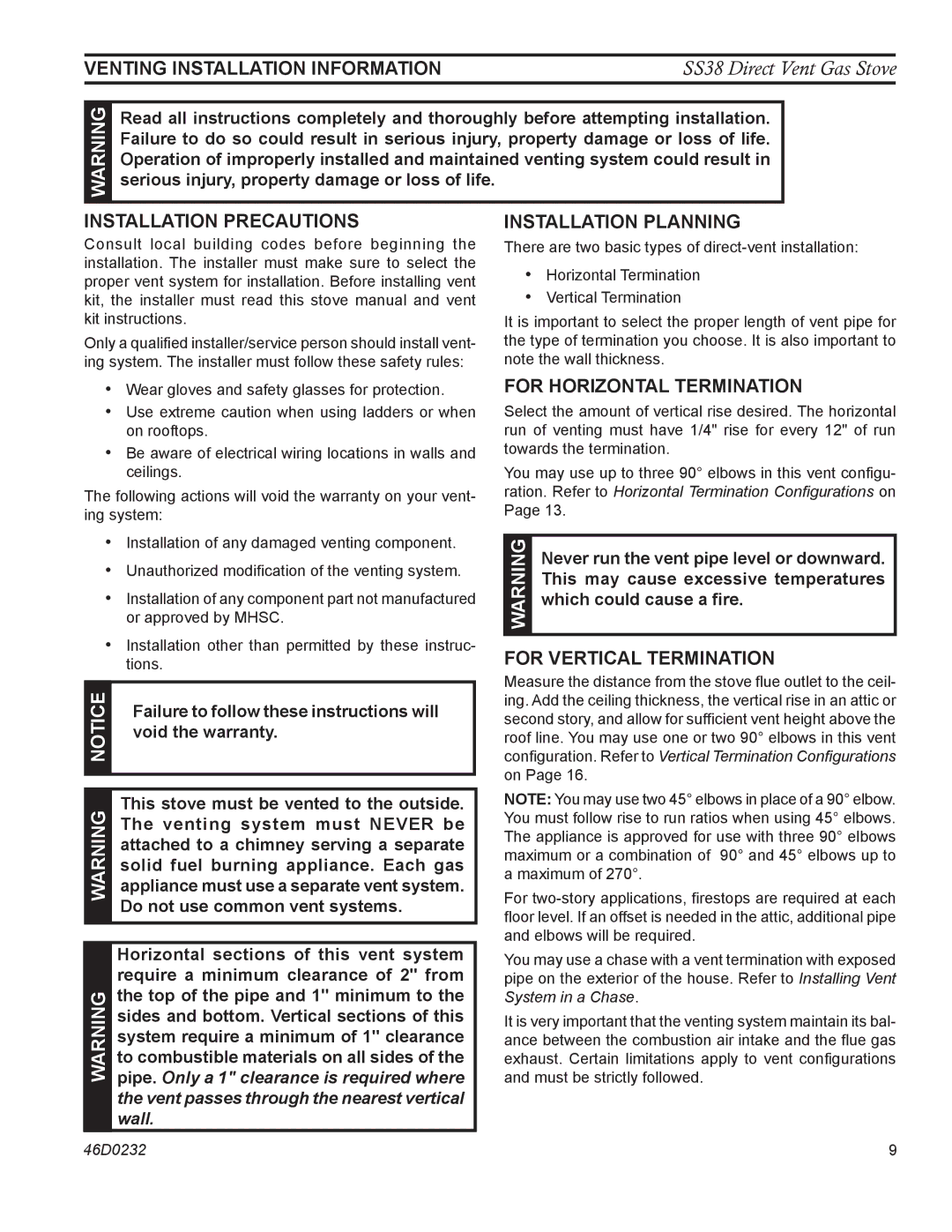 Monessen Hearth SS38 Venting Installation Information, Installation Precautions, Installation Planning 