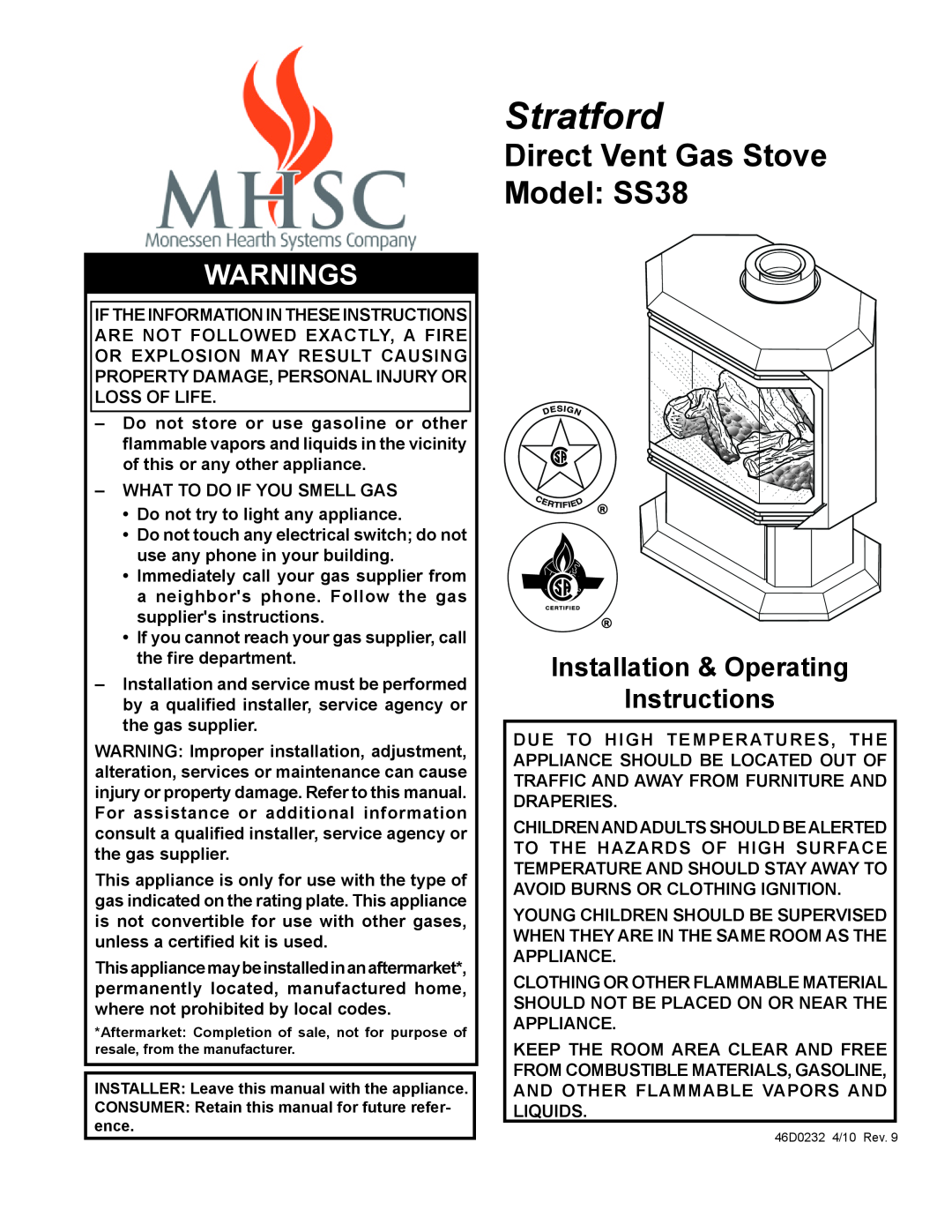 Monessen Hearth operating instructions Stratford, Direct Vent Gas Stove Model SS38, Warnings 