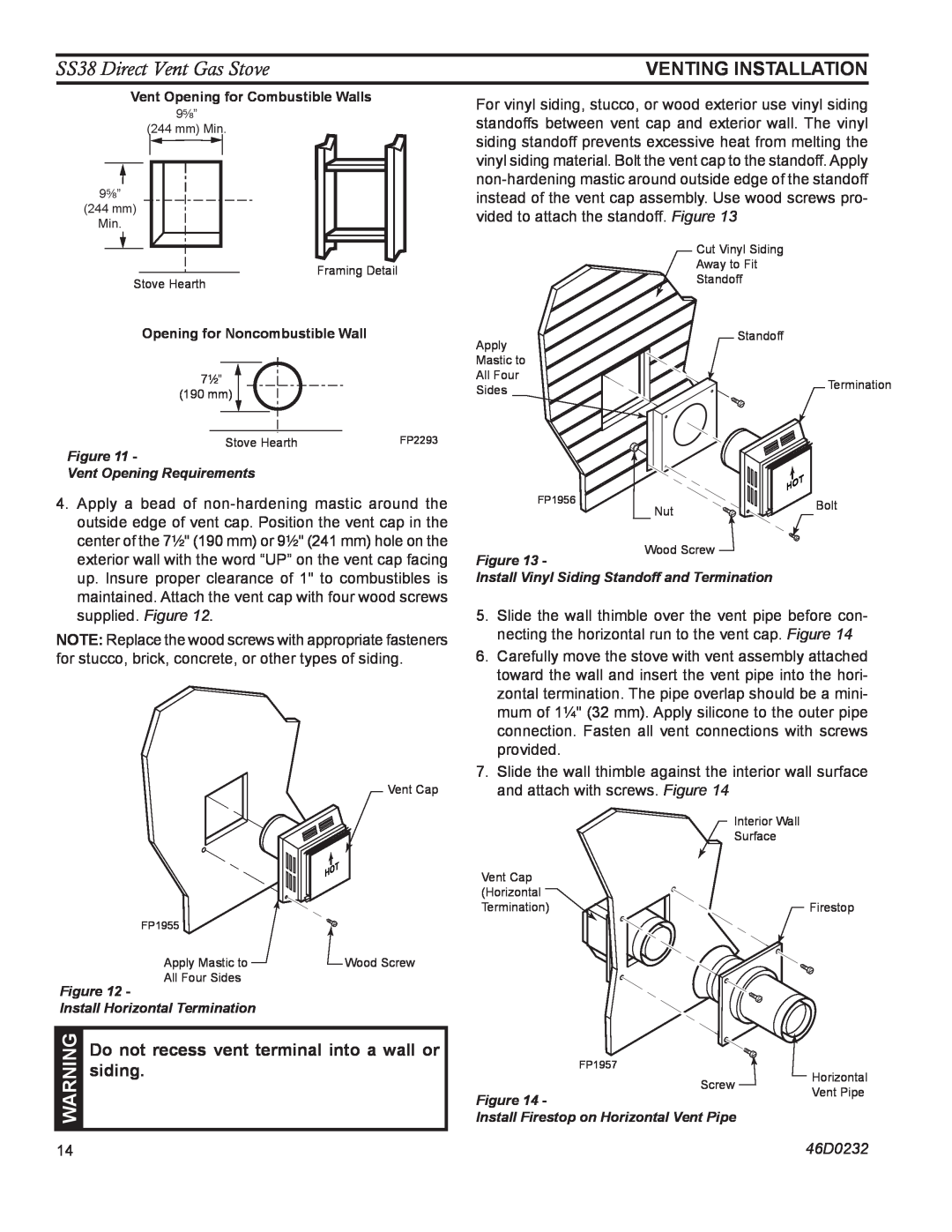 Monessen Hearth operating instructions Venting Installation, SS38 Direct Vent Gas Stove, 46D0232 