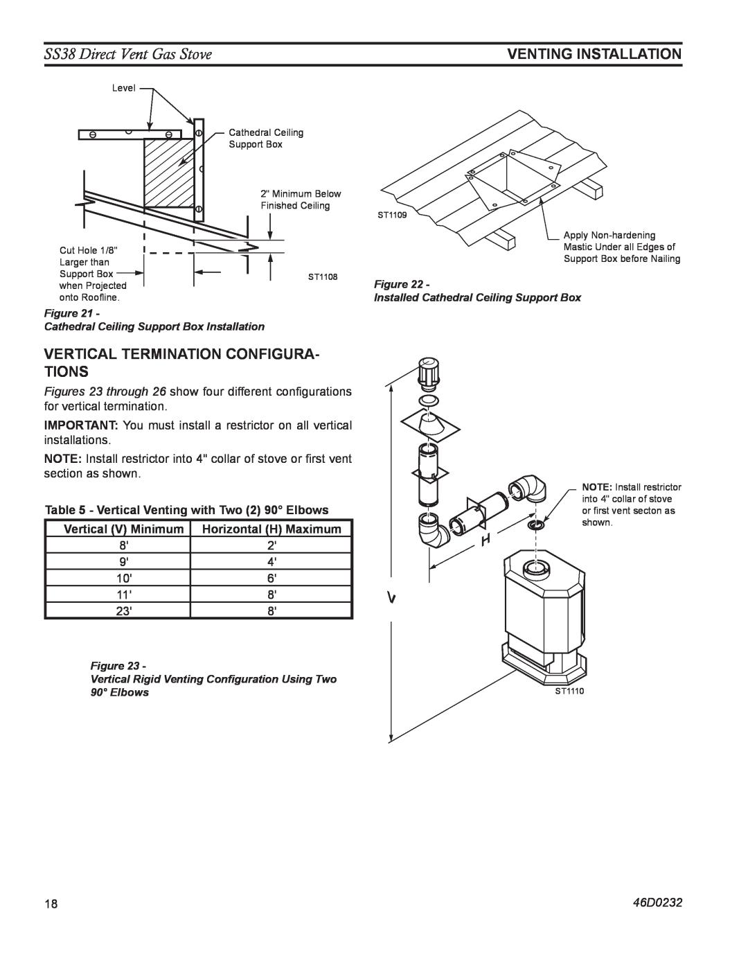 Monessen Hearth operating instructions Vertical Termination Configura- Tions, SS38 Direct Vent Gas Stove, 46D0232 