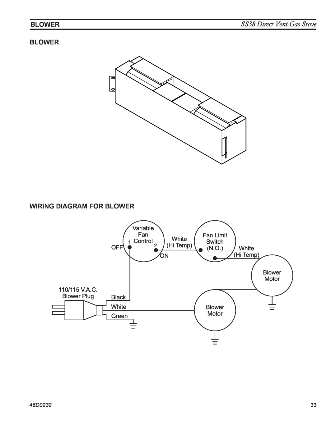 Monessen Hearth blower, Blower wiring diagram for Blower, SS38 Direct Vent Gas Stove, White Hi Temp, 46D0232 