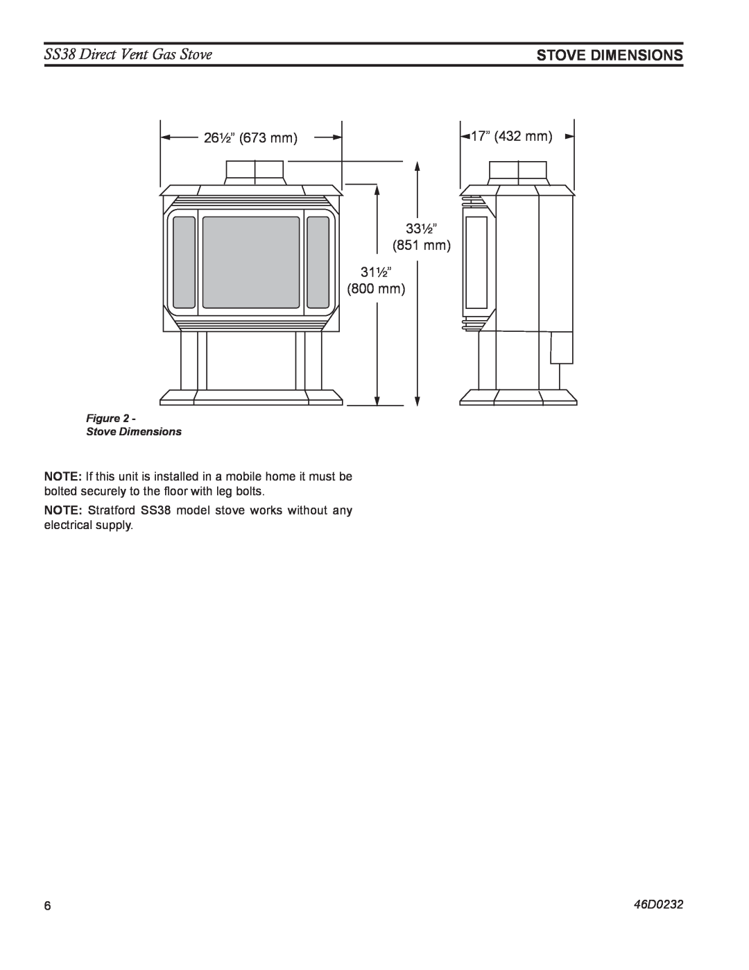 Monessen Hearth operating instructions SS38 Direct Vent Gas Stove, Stove dimensions, 46D0232 