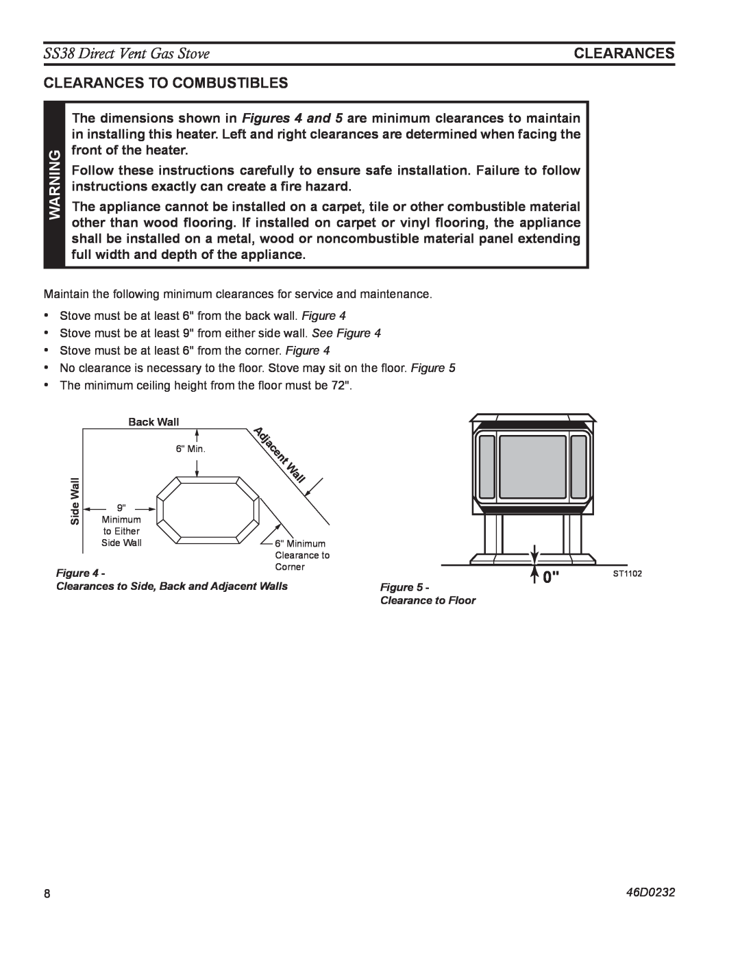 Monessen Hearth operating instructions clearances, Clearances to combustibles, SS38 Direct Vent Gas Stove 
