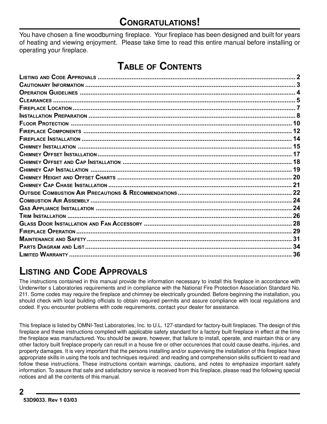 Monessen Hearth SWB400I instruction manual Congratulations, Table of Contents, Listing and Code Approvals 