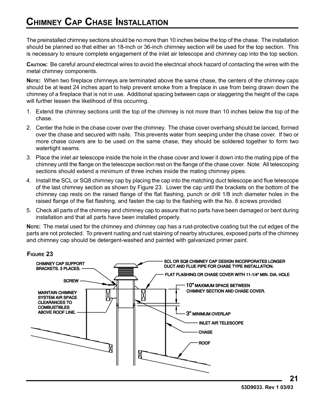 Monessen Hearth SWB400I instruction manual Chimney CAP Chase Installation 