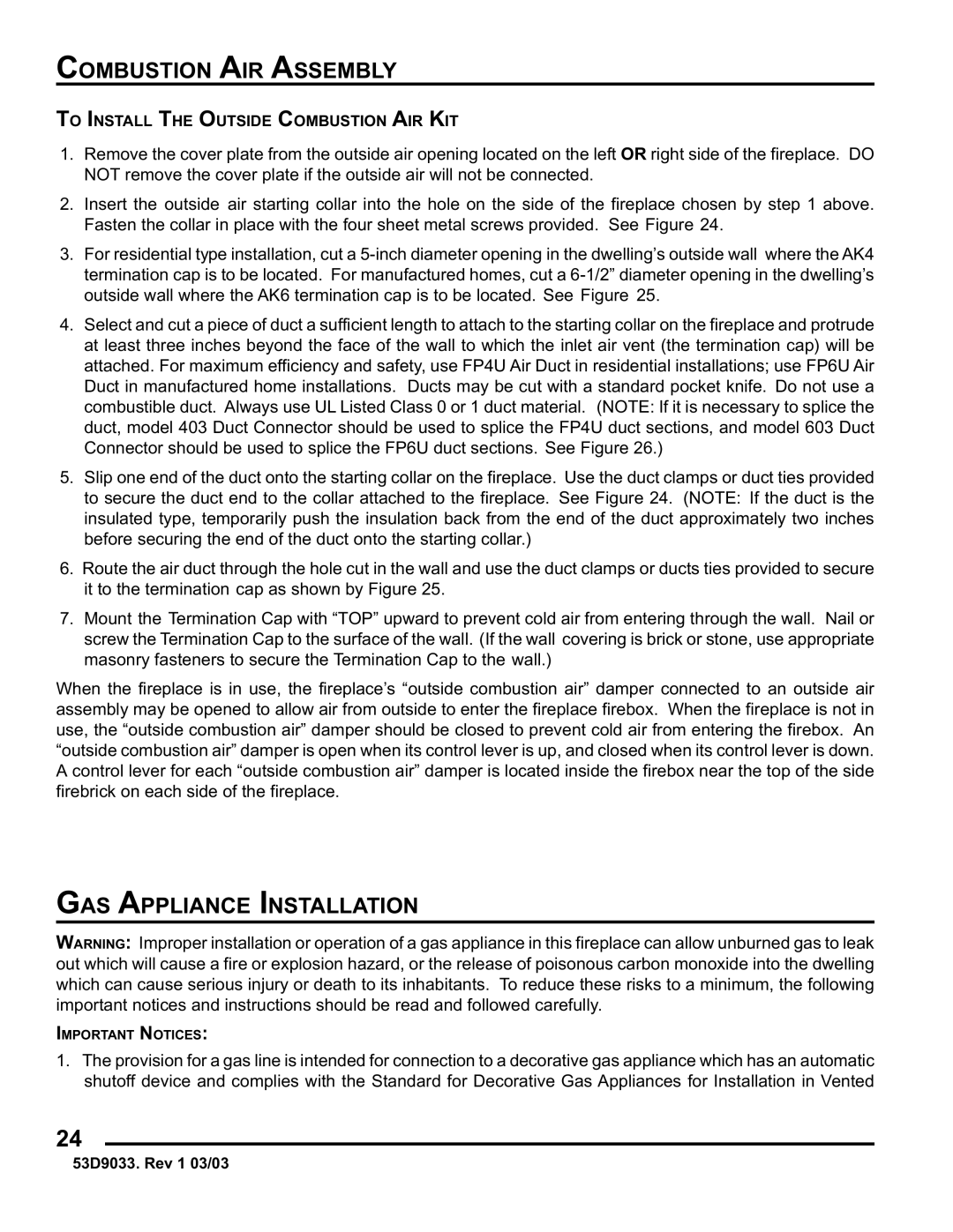 Monessen Hearth SWB400I instruction manual Combustion AIR Assembly, GAS Appliance Installation 