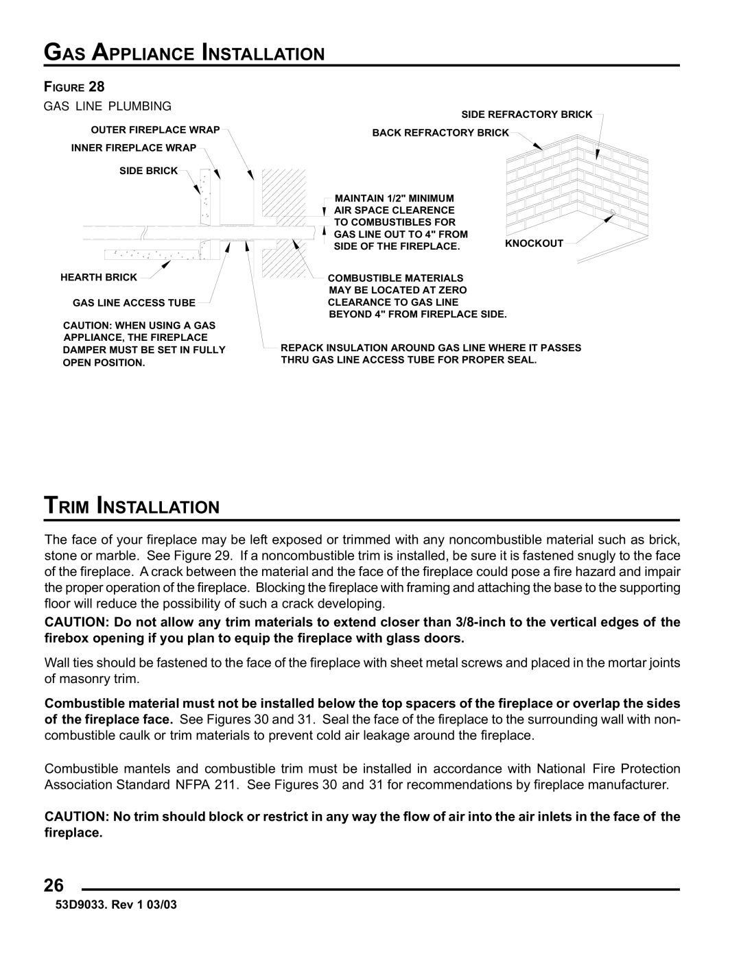 Monessen Hearth SWB400I instruction manual Trim Installation, GAS Line Plumbing 