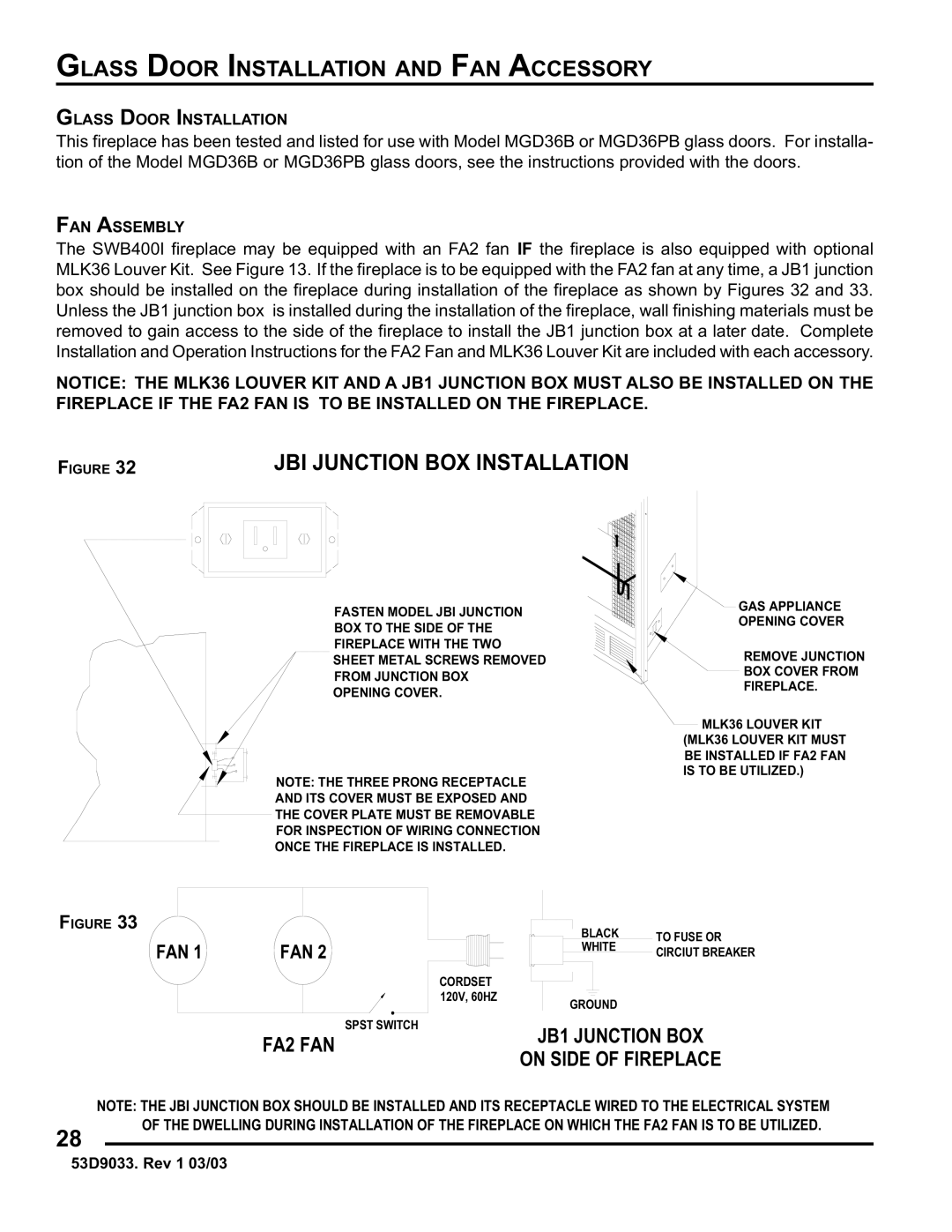 Monessen Hearth SWB400I instruction manual Glass Door Installation and FAN Accessory, JBI Junction BOX Installation 