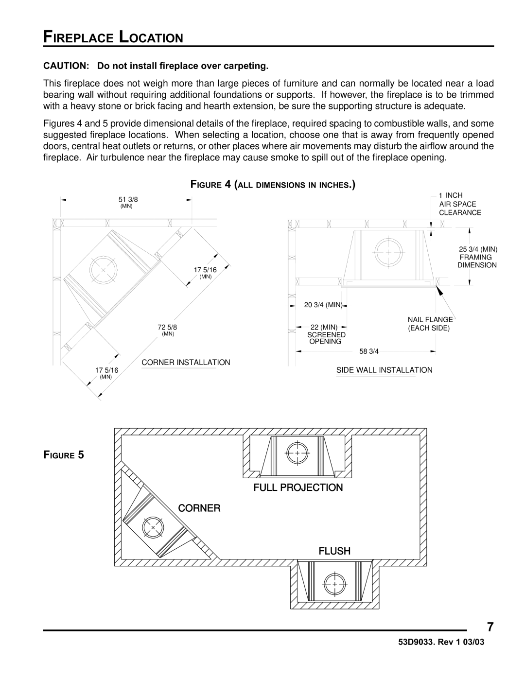 Monessen Hearth SWB400I instruction manual Fireplace Location, Corner Installation 