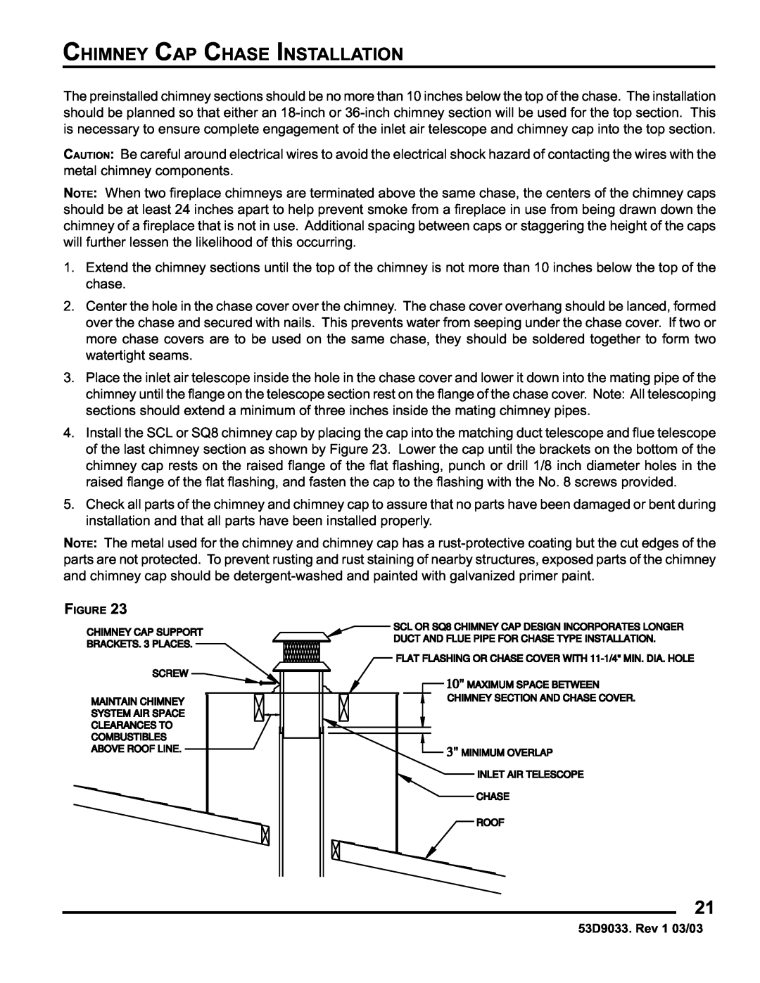 Monessen Hearth SWB400I instruction manual Chimney Cap Chase Installation 