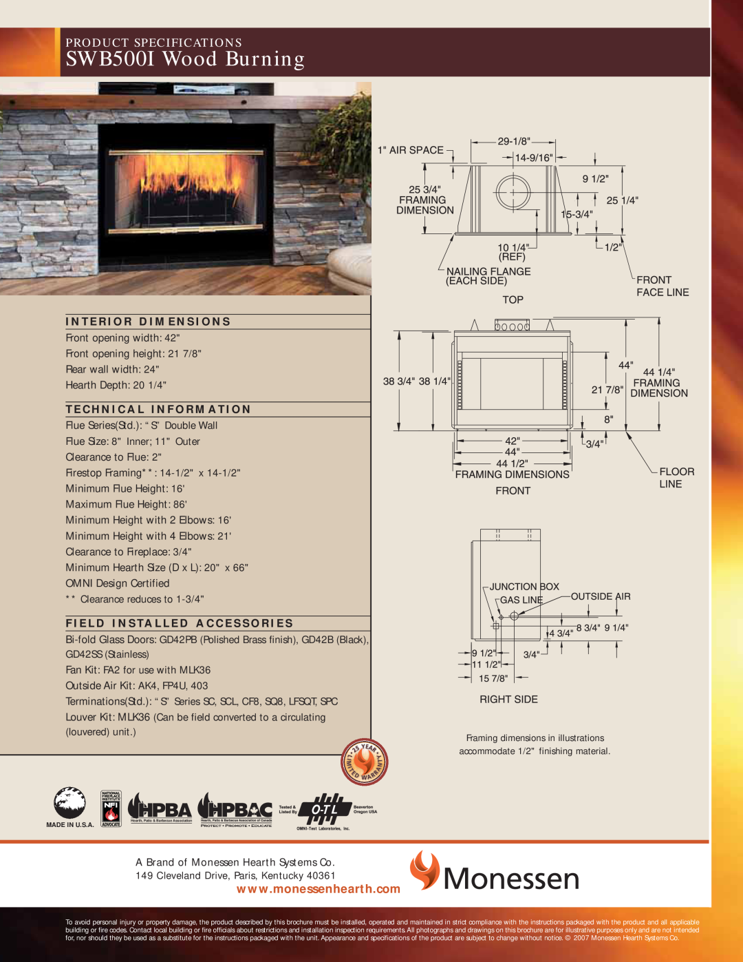 Monessen Hearth brochure SWB500I Wood Burning, Product Specifications 