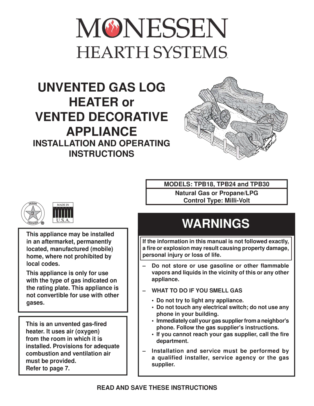 Monessen Hearth TPB24, TPB30, TPB18 manual Read and Save These Instructions, What to do if YOU Smell GAS 