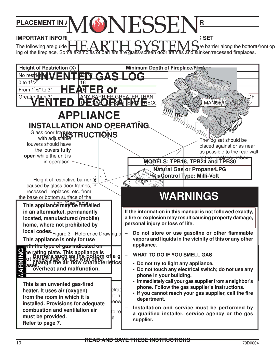 Monessen Hearth TPB24, TPB30, TPB18 manual Placement in a Fireplace with a Restrictive Barrier 