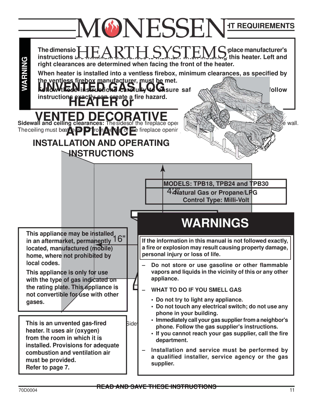 Monessen Hearth TPB18, TPB30, TPB24 manual Clearances and Height Requirements, Sidewall and Ceiling Clearances 