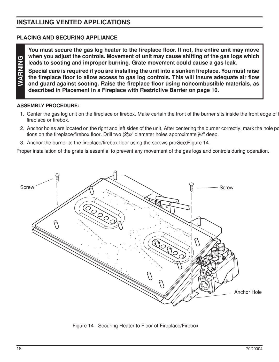 Monessen Hearth TPB30, TPB24, TPB18 manual Installing Vented Applications, Placing and Securing Appliance, Assembly Procedure 