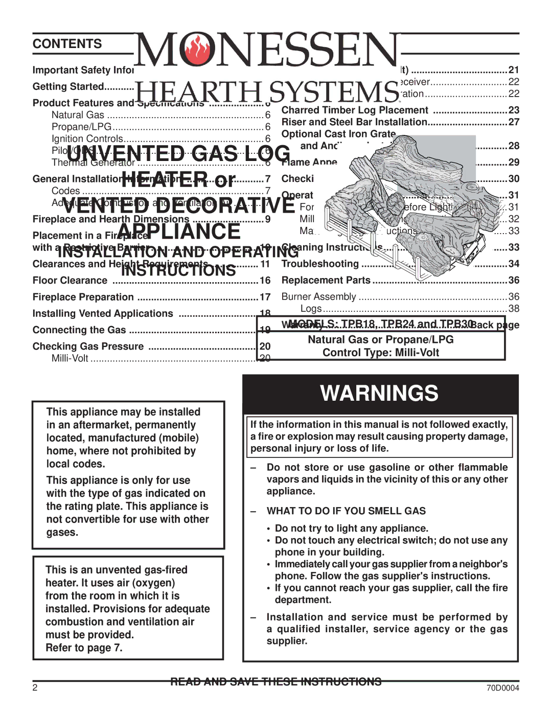 Monessen Hearth TPB18, TPB30, TPB24 manual Contents 