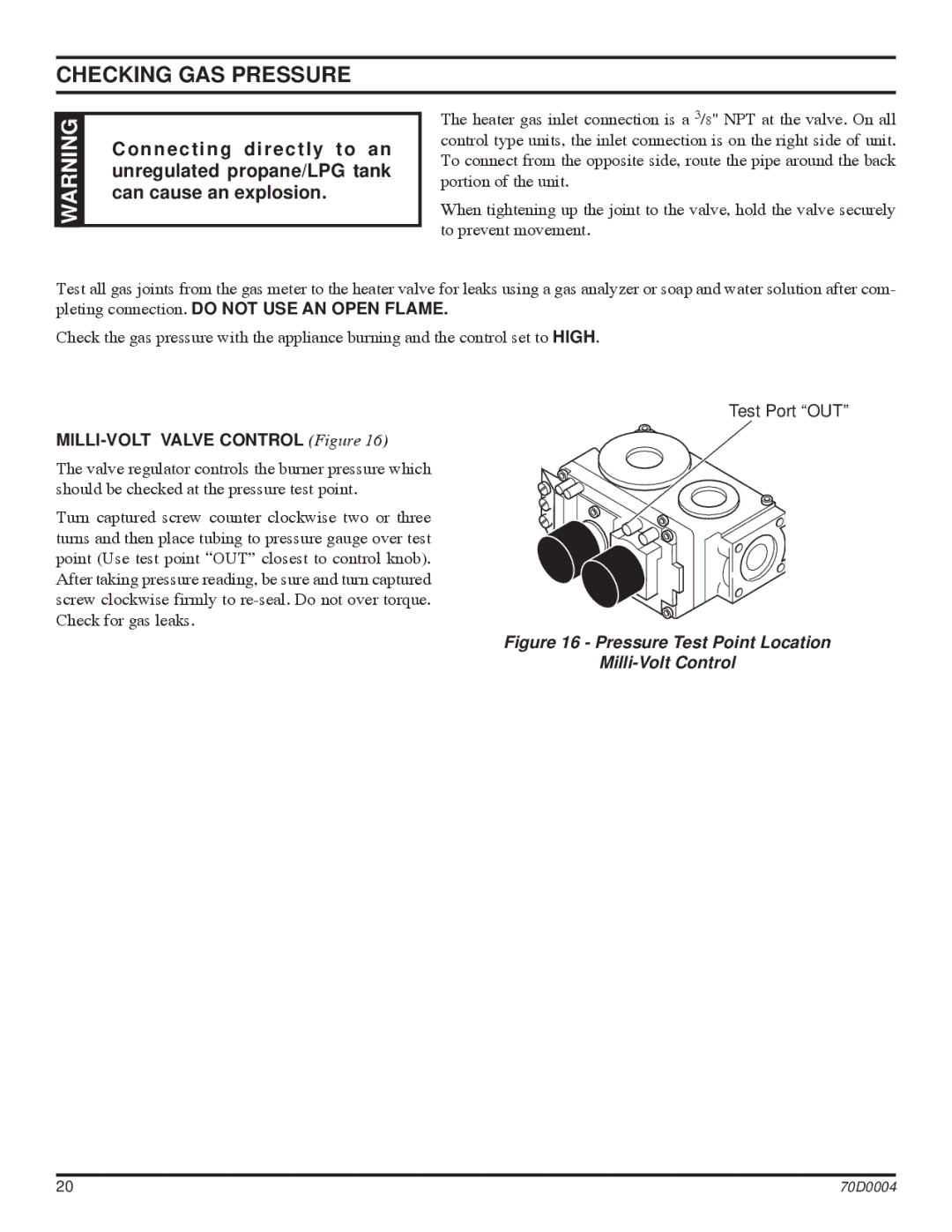 Monessen Hearth TPB18, TPB30, TPB24 manual Checking GAS Pressure, MILLI-VOLT Valve Control Figure 