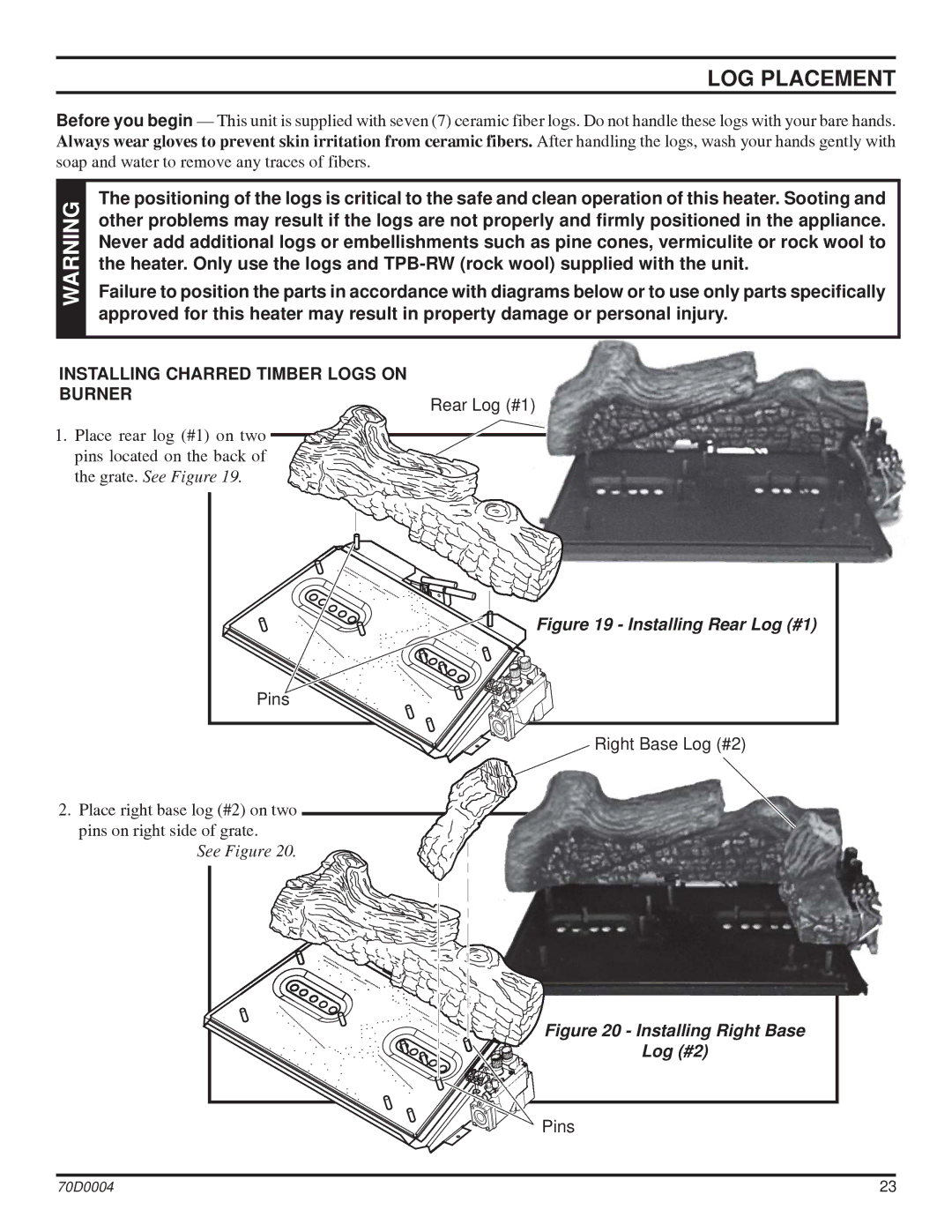 Monessen Hearth TPB18, TPB30, TPB24 manual LOG Placement, Installing Charred Timber Logs on Burner 