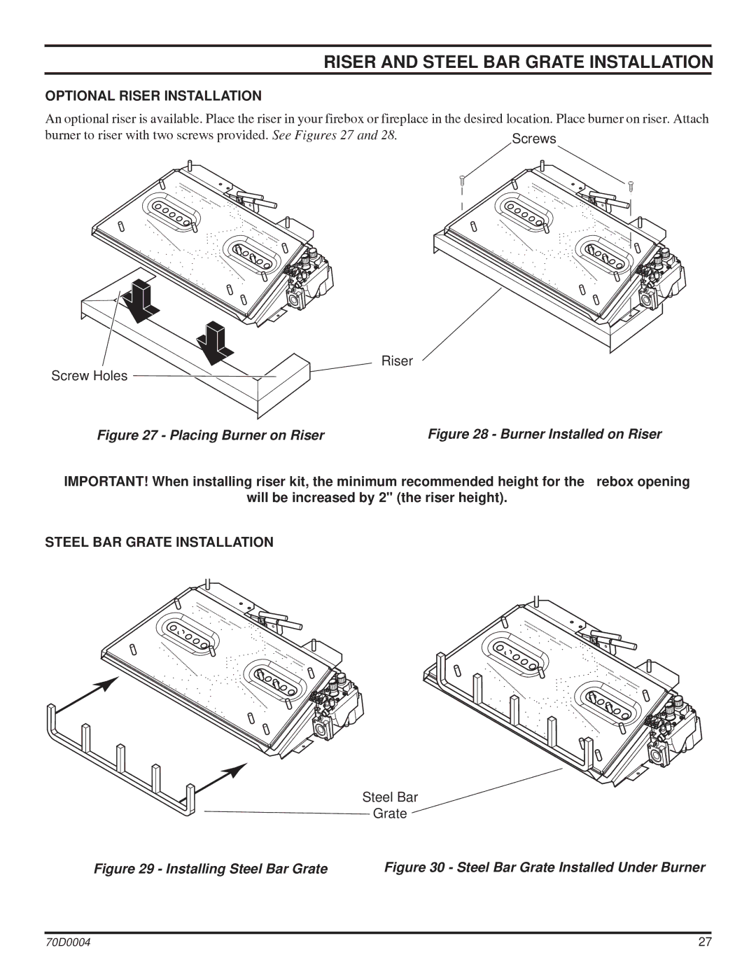 Monessen Hearth TPB30, TPB24, TPB18 manual Riser and Steel BAR Grate Installation, Optional Riser Installation 