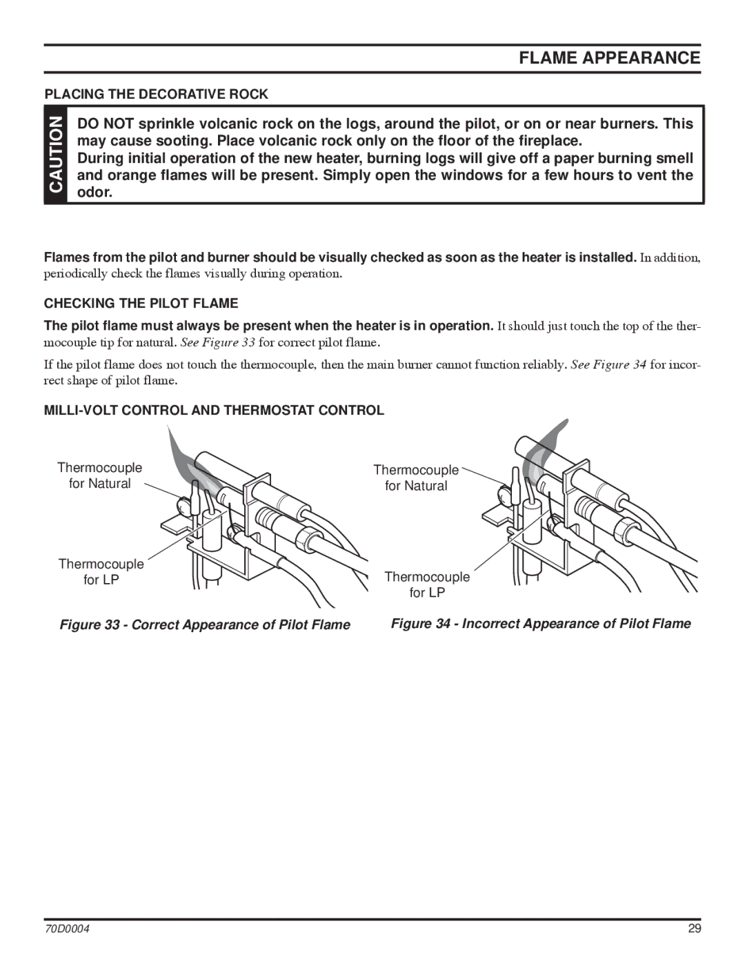 Monessen Hearth TPB18, TPB30, TPB24 manual Flame Appearance, Placing the Decorative Rock, Checking the Pilot Flame 