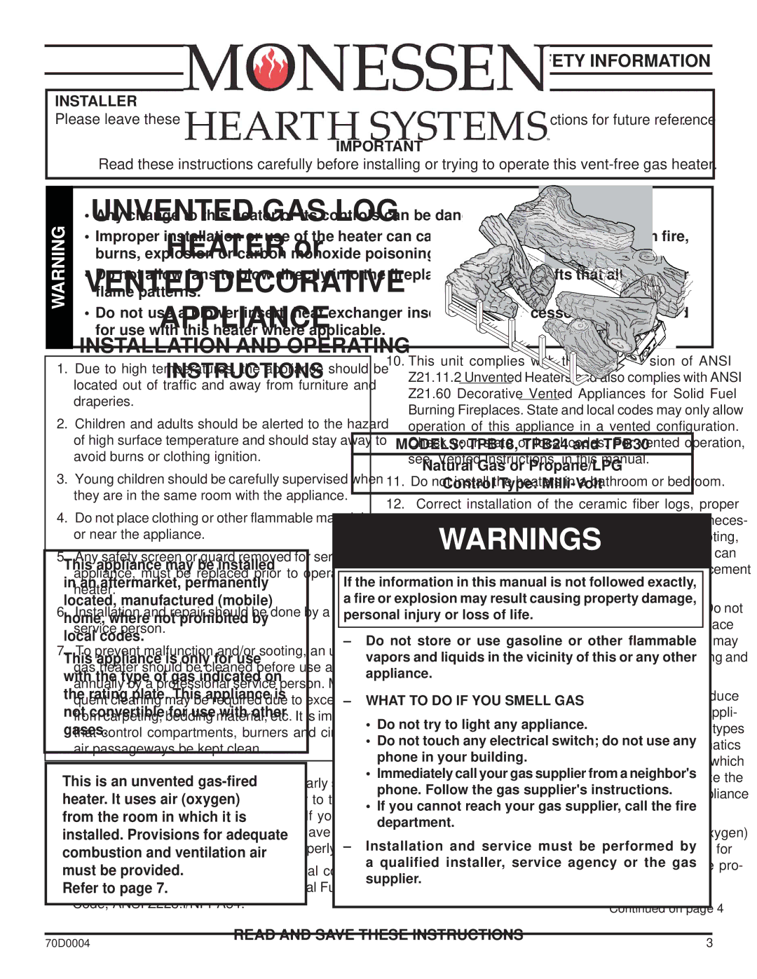 Monessen Hearth TPB30, TPB24, TPB18 manual Important Safety Information, Installer, Owner 