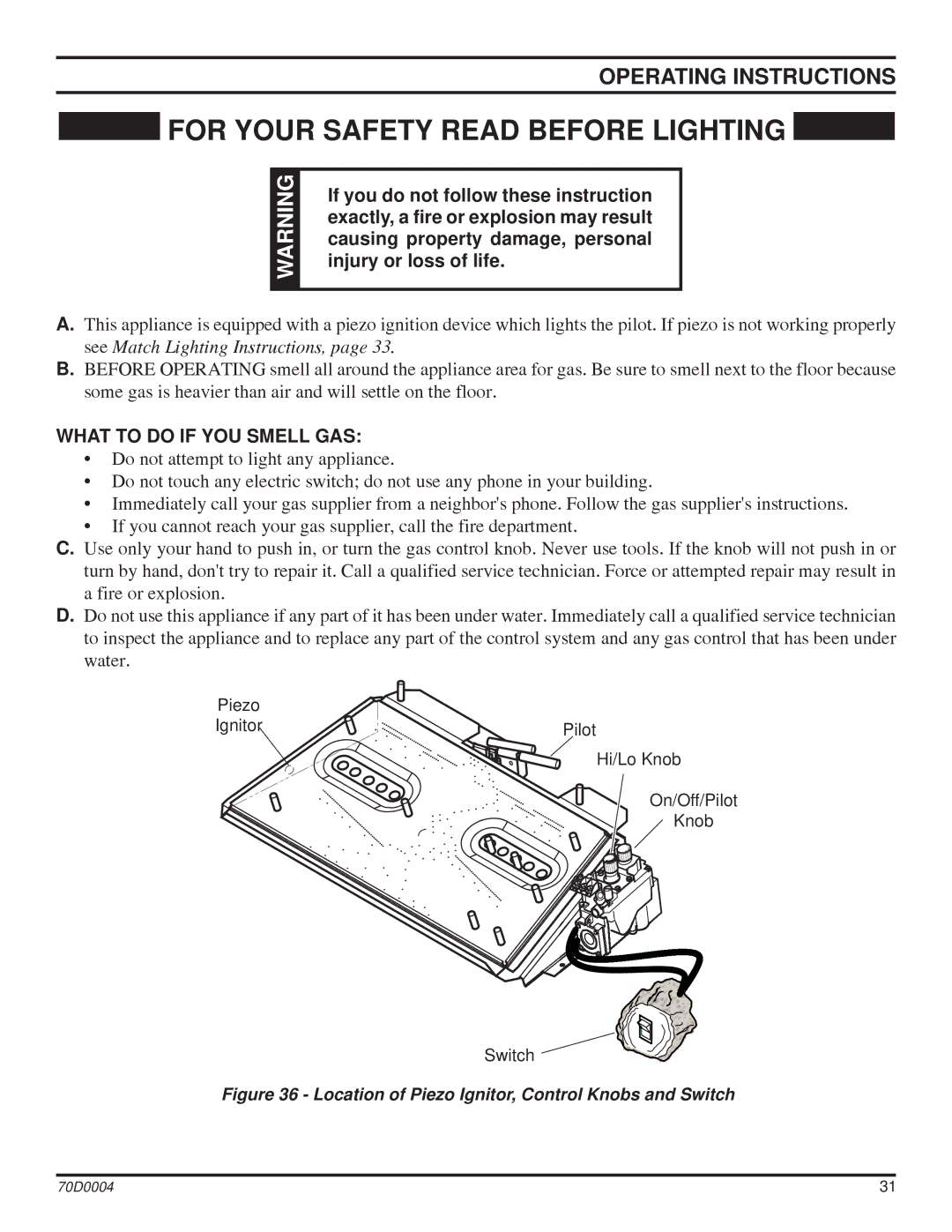 Monessen Hearth TPB24, TPB30, TPB18 manual Operating Instructions, What to do if YOU Smell GAS 