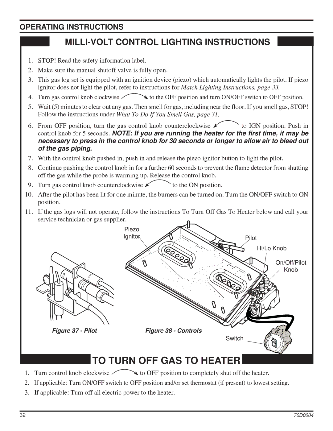 Monessen Hearth TPB18, TPB30, TPB24 manual To Turn OFF GAS to Heater 