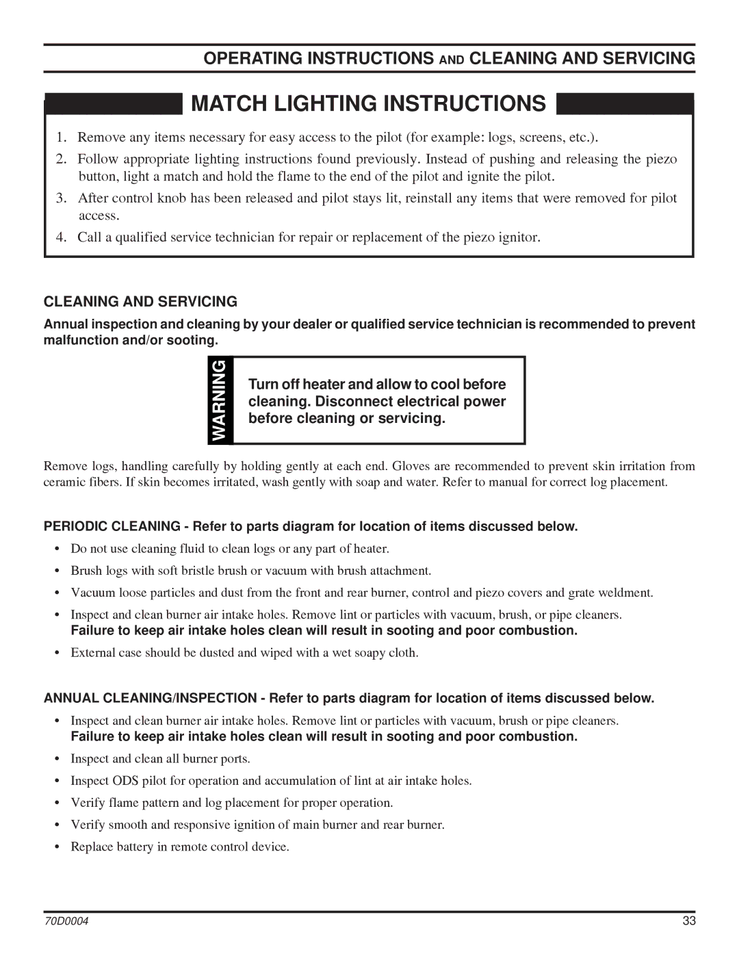 Monessen Hearth TPB30, TPB24, TPB18 manual Operating Instructions and Cleaning and Servicing 