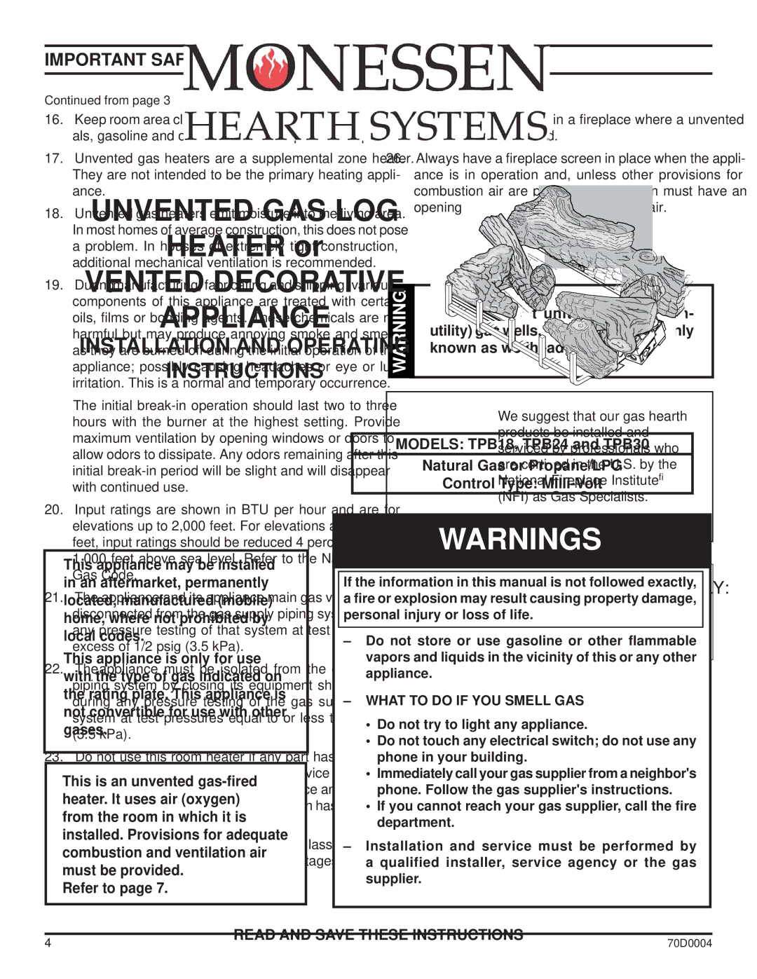 Monessen Hearth TPB24, TPB30, TPB18 manual Massachussetts Residents only 