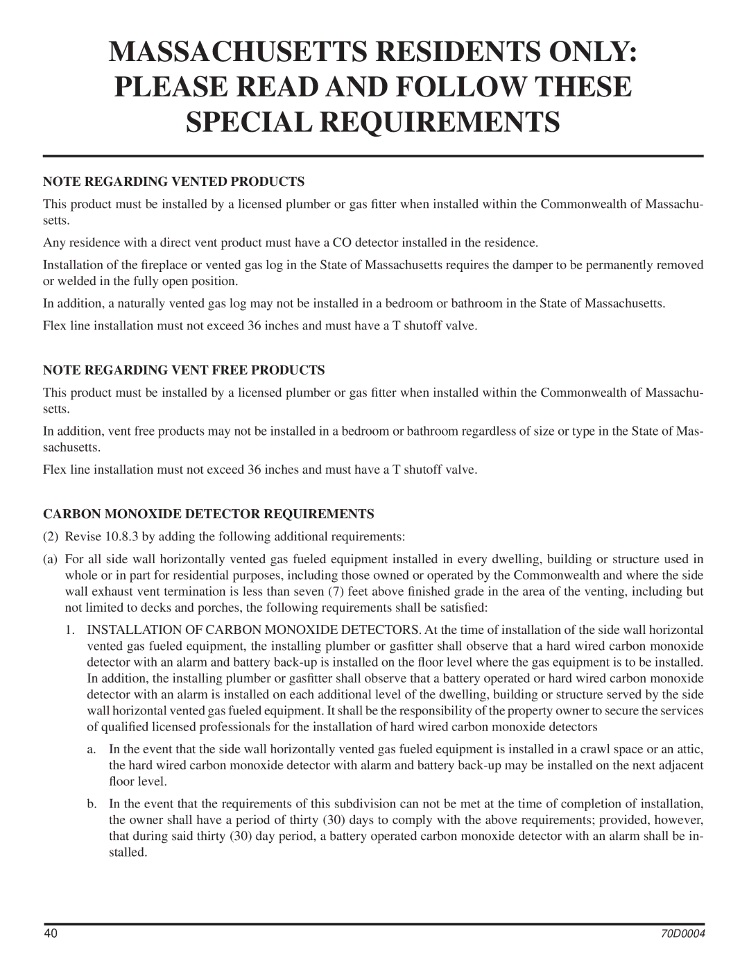 Monessen Hearth TPB24, TPB30, TPB18 manual Carbon Monoxide Detector Requirements 