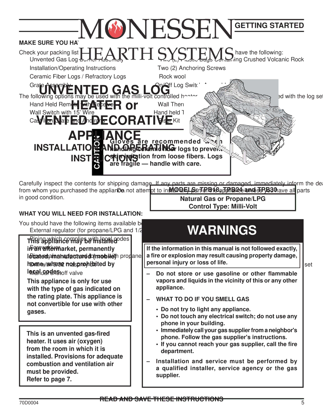 Monessen Hearth TPB18, TPB30 Getting Started, Make Sure YOU have Received ALL Parts, What YOU will Need for Installation 