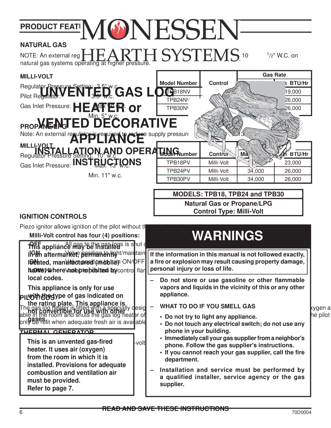 Monessen Hearth TPB30, TPB24, TPB18 manual Product Features and Specifications 