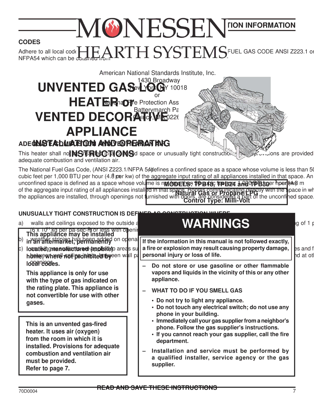 Monessen Hearth TPB24, TPB30, TPB18 manual General Installation Information, Codes, Adequate Combustion and Ventilation AIR 