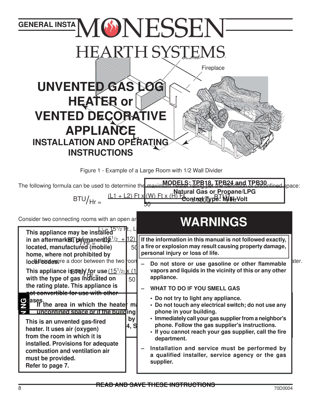 Monessen Hearth TPB18, TPB30, TPB24 manual BTU / Hr = 