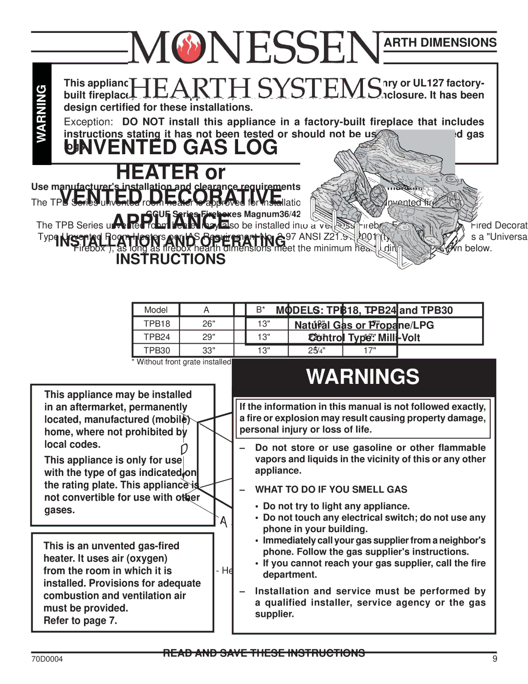 Monessen Hearth TPB30, TPB24, TPB18 manual Fireplace and Hearth Dimensions, Hearth Minimum Dimension 