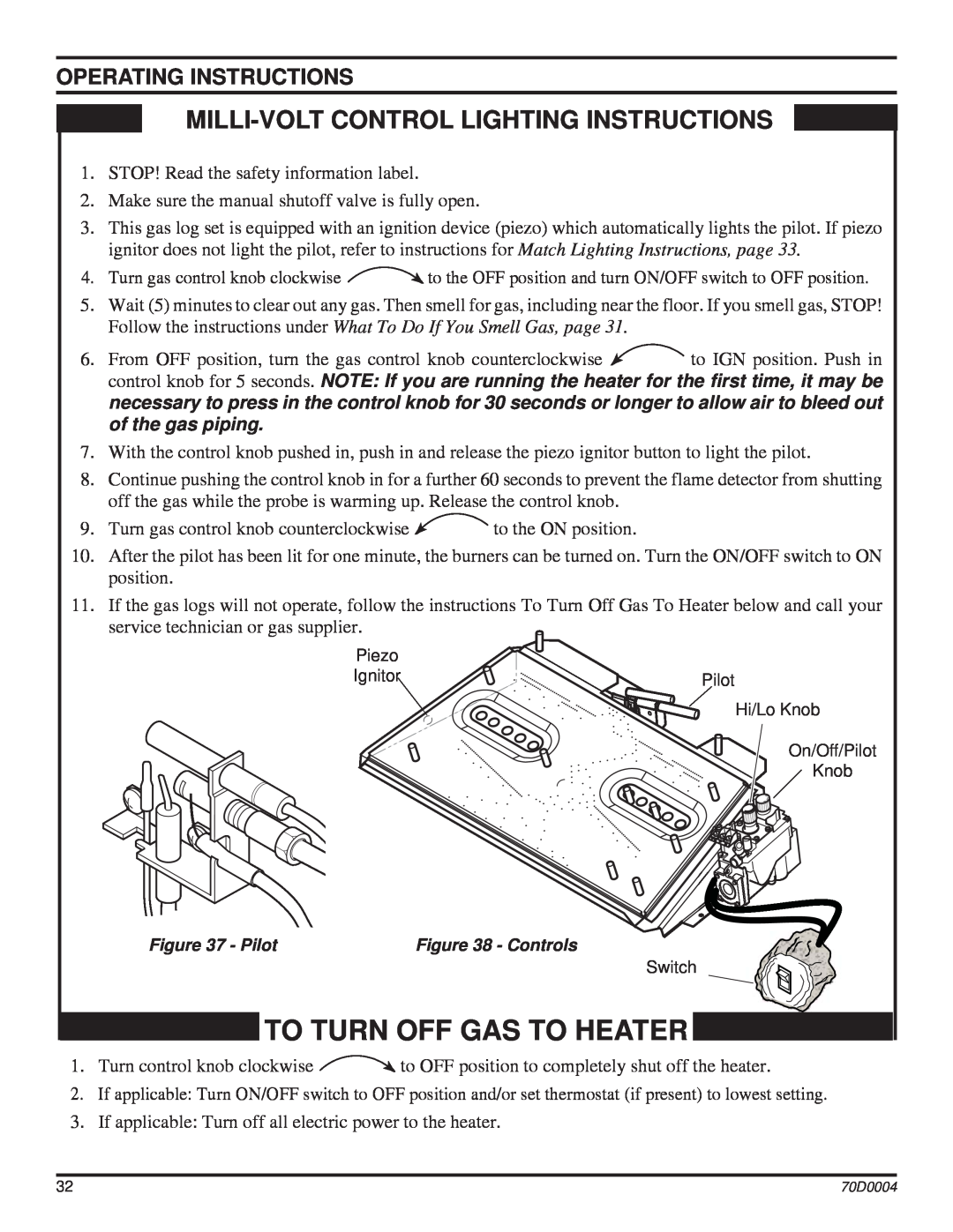 Monessen Hearth TPB18, TPB30 To Turn Off Gas To Heater, Milli-Voltcontrol Lighting Instructions, Operating Instructions 