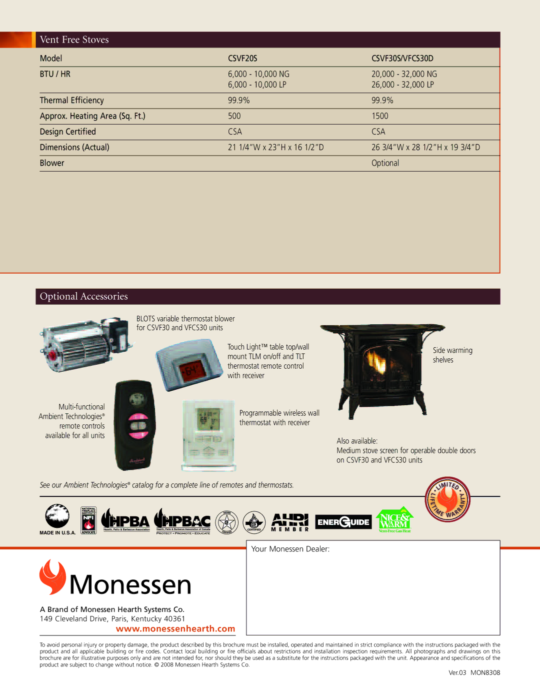 Monessen Hearth CSVF20S, VFCS30D, CSVF30S manual Monessen 