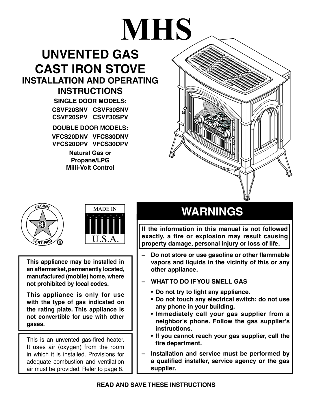 Monessen Hearth VFCS30DPV, VFCS30DNV manual Natural Gas or Propane/LPG Milli-Volt Control, What to do if YOU Smell GAS 