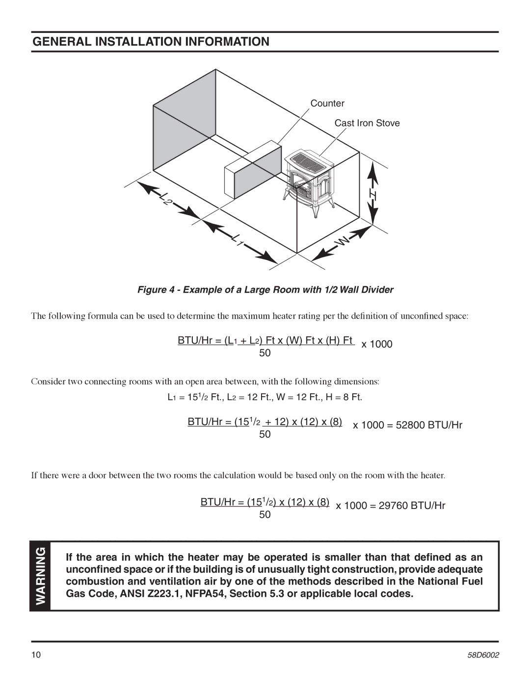 Monessen Hearth VFCS20DPV, VFCS30DNV, VFCS30DPV Counter Cast Iron Stove, L1 = 151/2 Ft., L2 = 12 Ft., W = 12 Ft., H = 8 Ft 