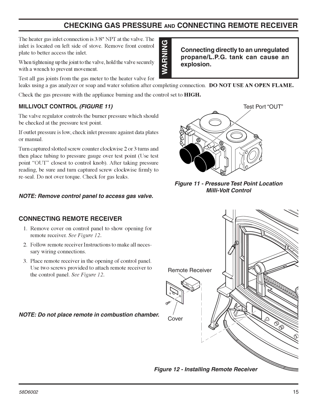 Monessen Hearth VFCS20DNV Checking GAS Pressure and connecting remote receiver, Connecting directly to an unregulated 