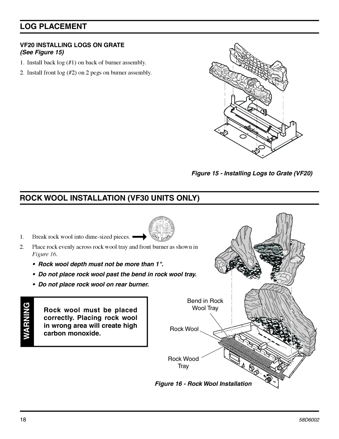 Monessen Hearth VFCS20DPV, VFCS30DNV, VFCS30DPV, VFCS20DNV manual Bend in Rock Wool Tray Rock Wood, LOG Placement 